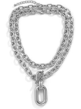 Women's Silver Layered Chunky Gold Pendant Necklace OT Toggle Clasp Necklace
